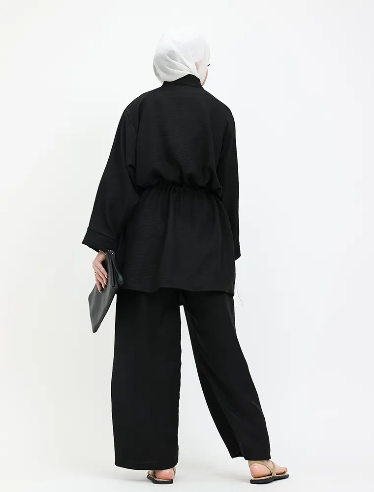 Black Linen Feel Drawstring Co Ord Set